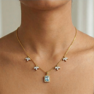 AGOR 925 Sterling Silver Blue Rectangular Halo Necklace Jewellery for Women with Gold Finish