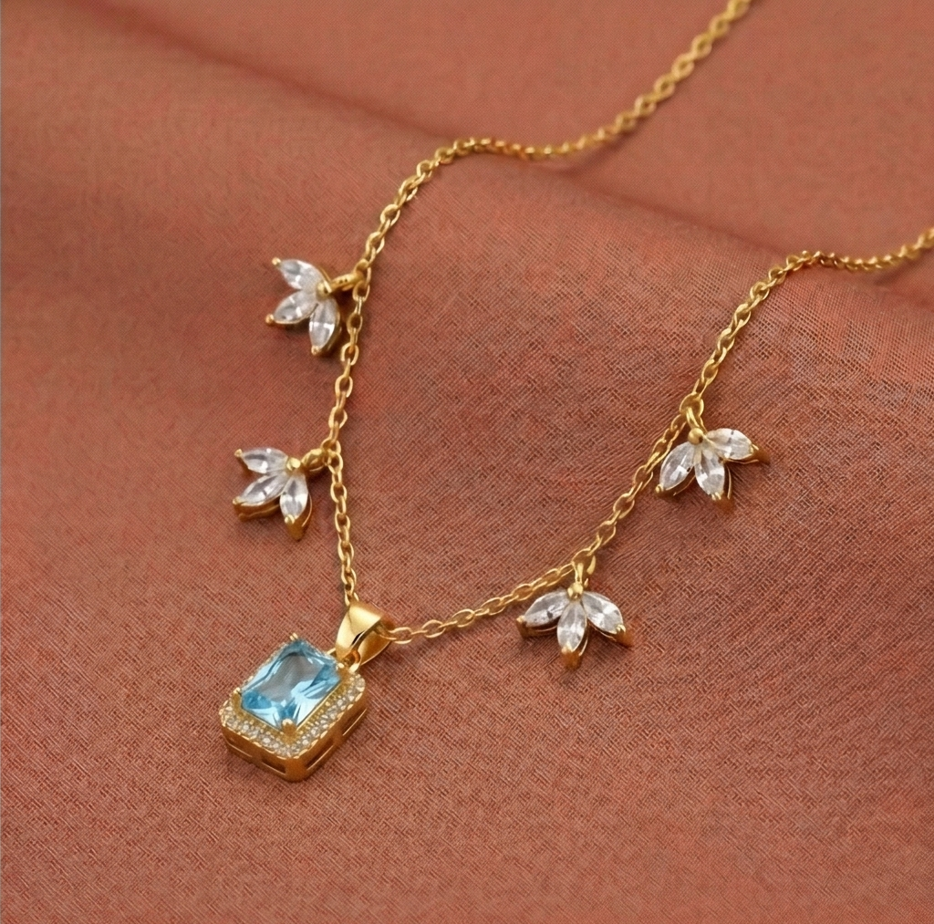 925 Sterling Silver Blue Rectangular Halo Necklace Jewellery for Women with Gold Finish