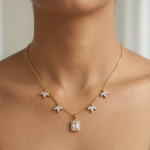 AGOR 925 Sterling Silver Clear Rectangular Halo Necklace Jewellery for Women with Gold Finish