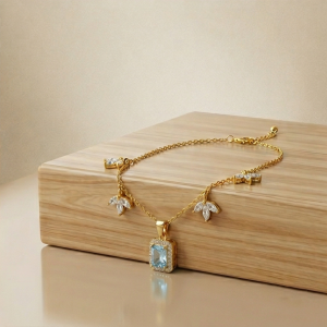 AGOR 925 Sterling Silver Blue Rectangular Halo Necklace Jewellery for Women with Gold Finish