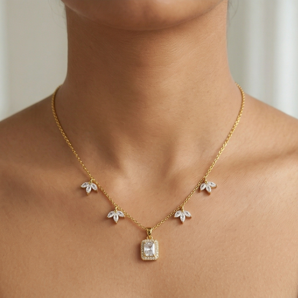 925 Sterling Silver Clear Rectangular Halo Necklace Jewellery for Women with Gold Finish