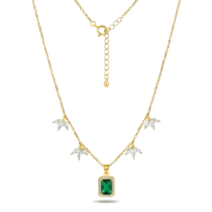AGOR 925 Sterling Silver Green Rectangular Halo Necklace Jewellery for Women with Gold Finish