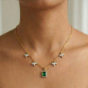 925 Sterling Silver Green Rectangular Halo Necklace Jewellery for Women with Gold Finish