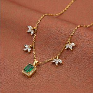 AGOR 925 Sterling Silver Green Rectangular Halo Necklace Jewellery for Women with Gold Finish