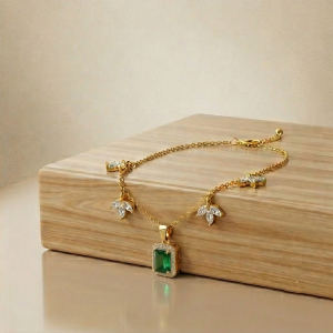AGOR 925 Sterling Silver Green Rectangular Halo Necklace Jewellery for Women with Gold Finish