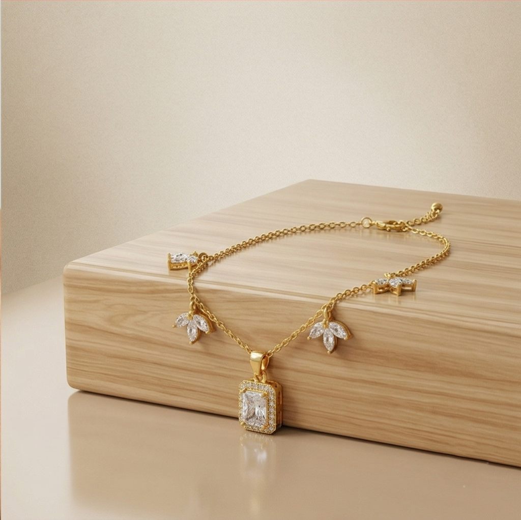 AGOR 925 Sterling Silver Clear Rectangular Halo Necklace Jewellery for Women with Gold Finish
