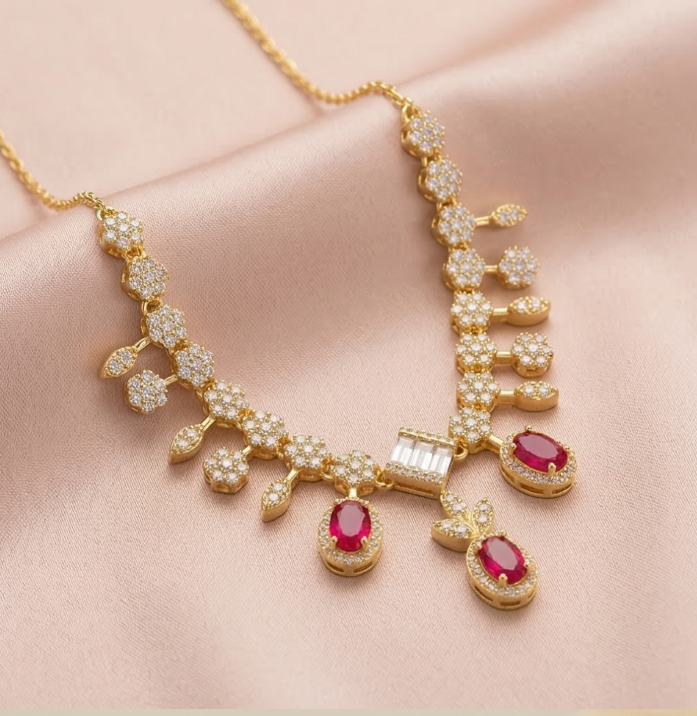 AGOR 925 Sterling Silver Gold Plated Statement Red Gemstone Necklace Jewellery for Women