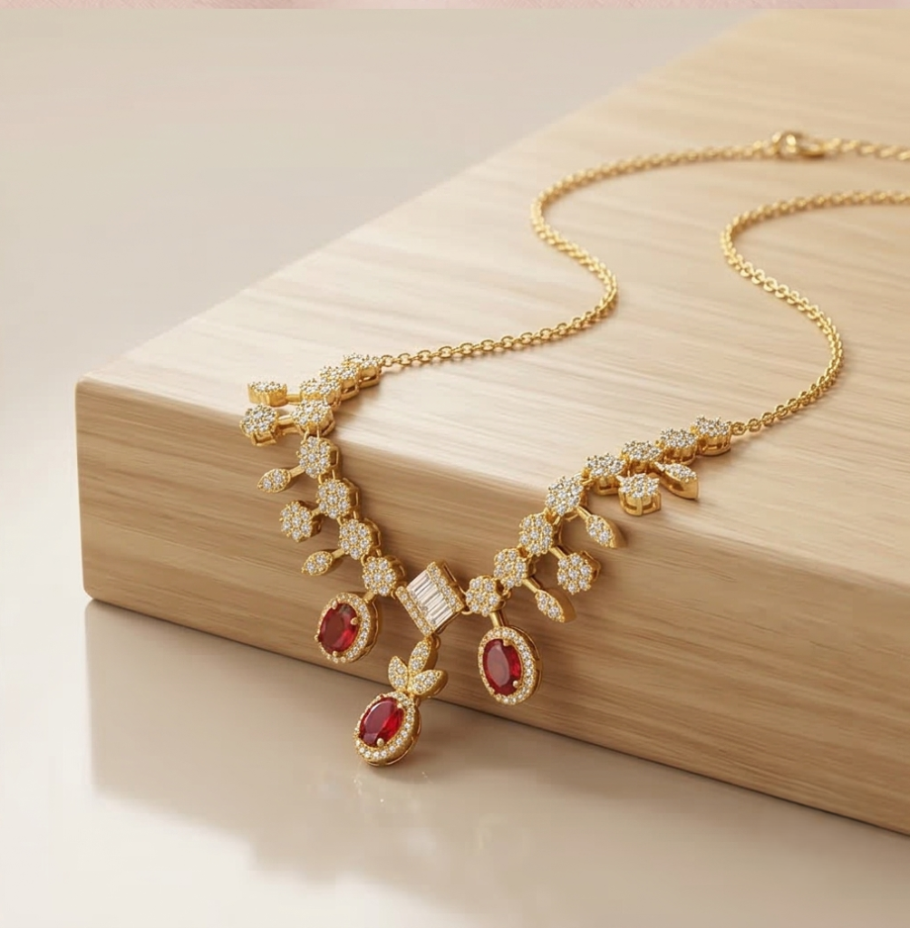 AGOR 925 Sterling Silver Gold Plated Statement Red Gemstone Necklace Jewellery for Women