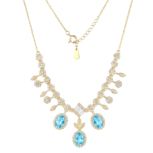 AGOR 925 Sterling Silver Gold Plated Statement Blue Gemstone Necklace Jewellery for Women