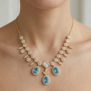 AGOR 925 Sterling Silver Gold Plated Statement Blue Gemstone Necklace Jewellery for Women