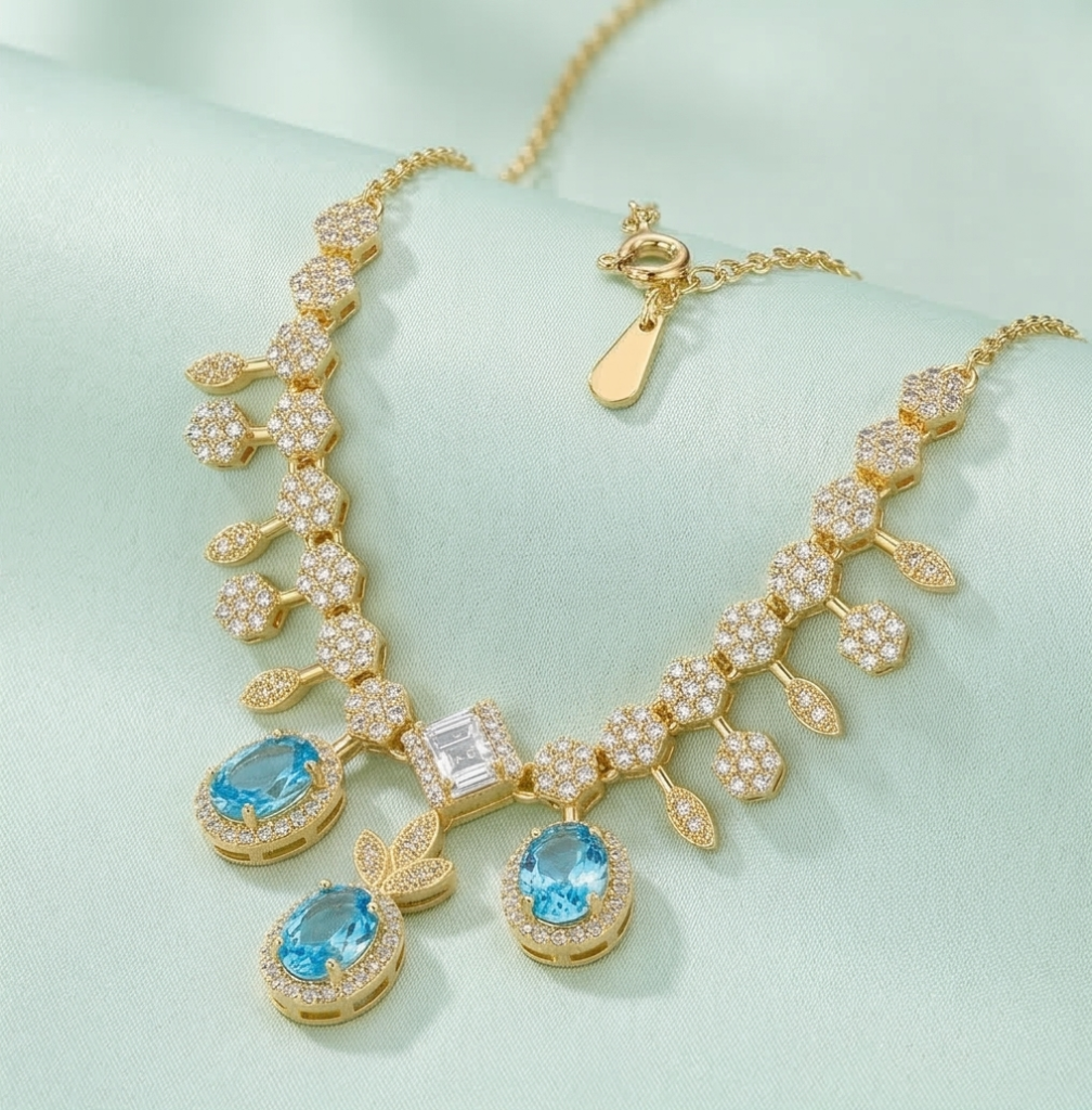 AGOR 925 Sterling Silver Gold Plated Statement Blue Gemstone Necklace Jewellery for Women