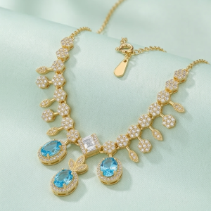 925 Sterling Silver Gold Plated Statement Blue Gemstone Necklace Jewellery for Women