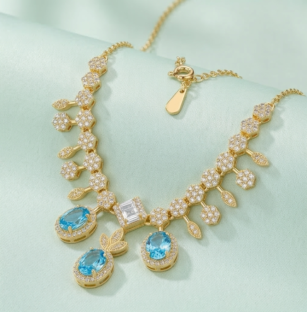 925 Sterling Silver Gold Plated Statement Blue Gemstone Necklace Jewellery for Women