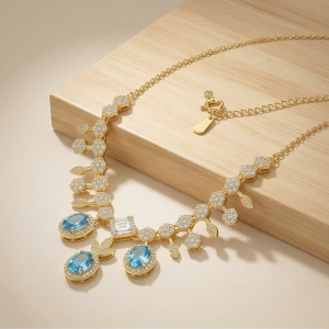AGOR 925 Sterling Silver Gold Plated Statement Blue Gemstone Necklace Jewellery for Women