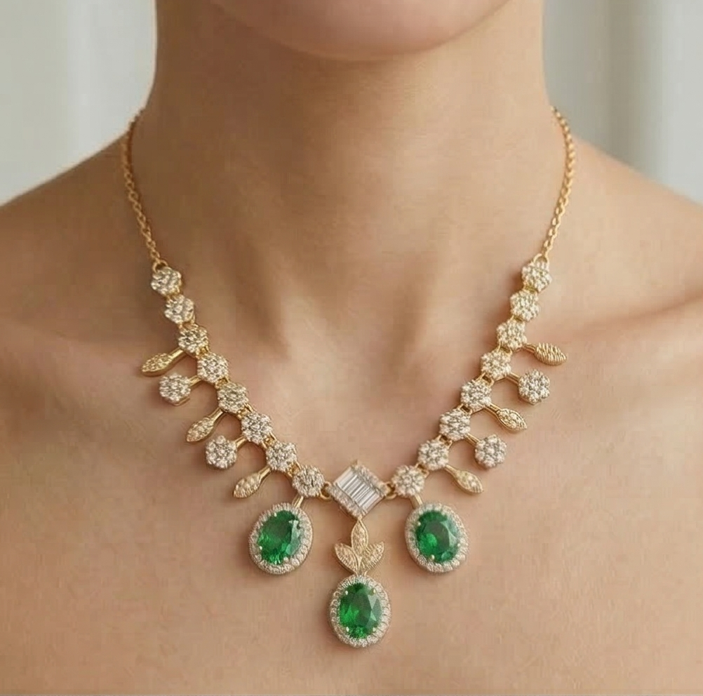 925 Sterling Silver Gold Plated Emerald Green Statement Drop Necklace Jewellery
