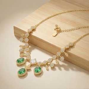 AGOR 925 Sterling Silver Gold Plated Emerald Green Statement Drop Necklace Jewellery