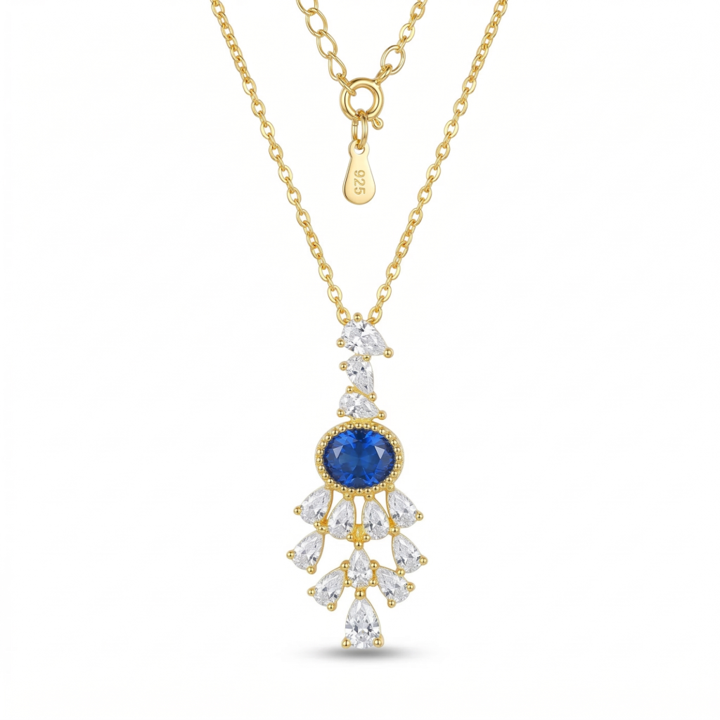 AGOR 925 Sterling Silver Gold Plated Blue Chandelier Pendant Necklace Jewellery