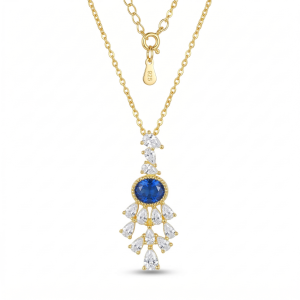 AGOR 925 Sterling Silver Gold Plated Blue Chandelier Pendant Necklace Jewellery