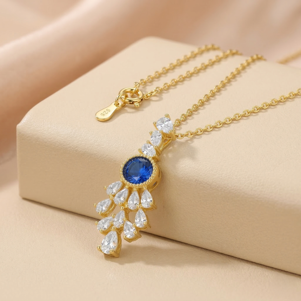 AGOR 925 Sterling Silver Gold Plated Blue Chandelier Pendant Necklace Jewellery