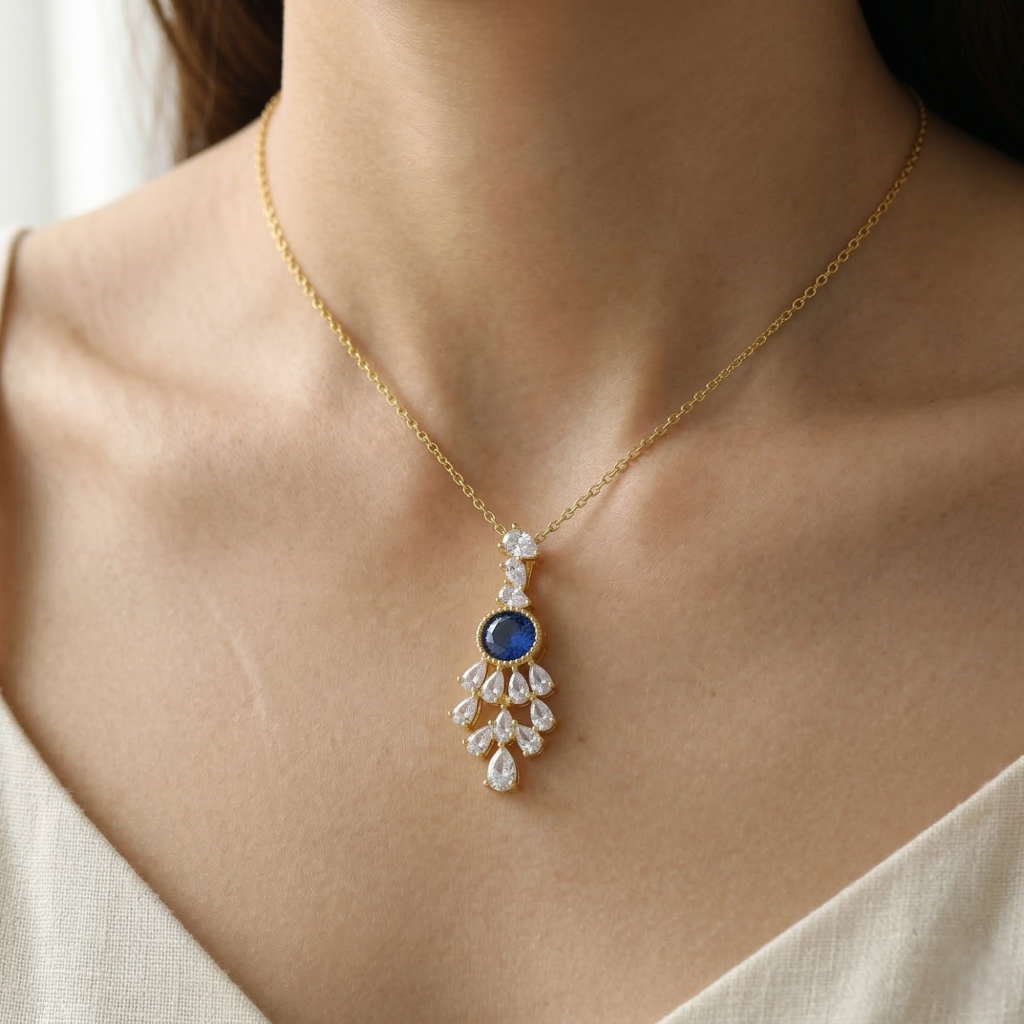 AGOR 925 Sterling Silver Gold Plated Blue Chandelier Pendant Necklace Jewellery