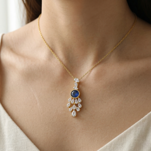 AGOR 925 Sterling Silver Gold Plated Blue Chandelier Pendant Necklace Jewellery