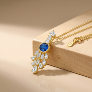 AGOR 925 Sterling Silver Gold Plated Blue Chandelier Pendant Necklace Jewellery