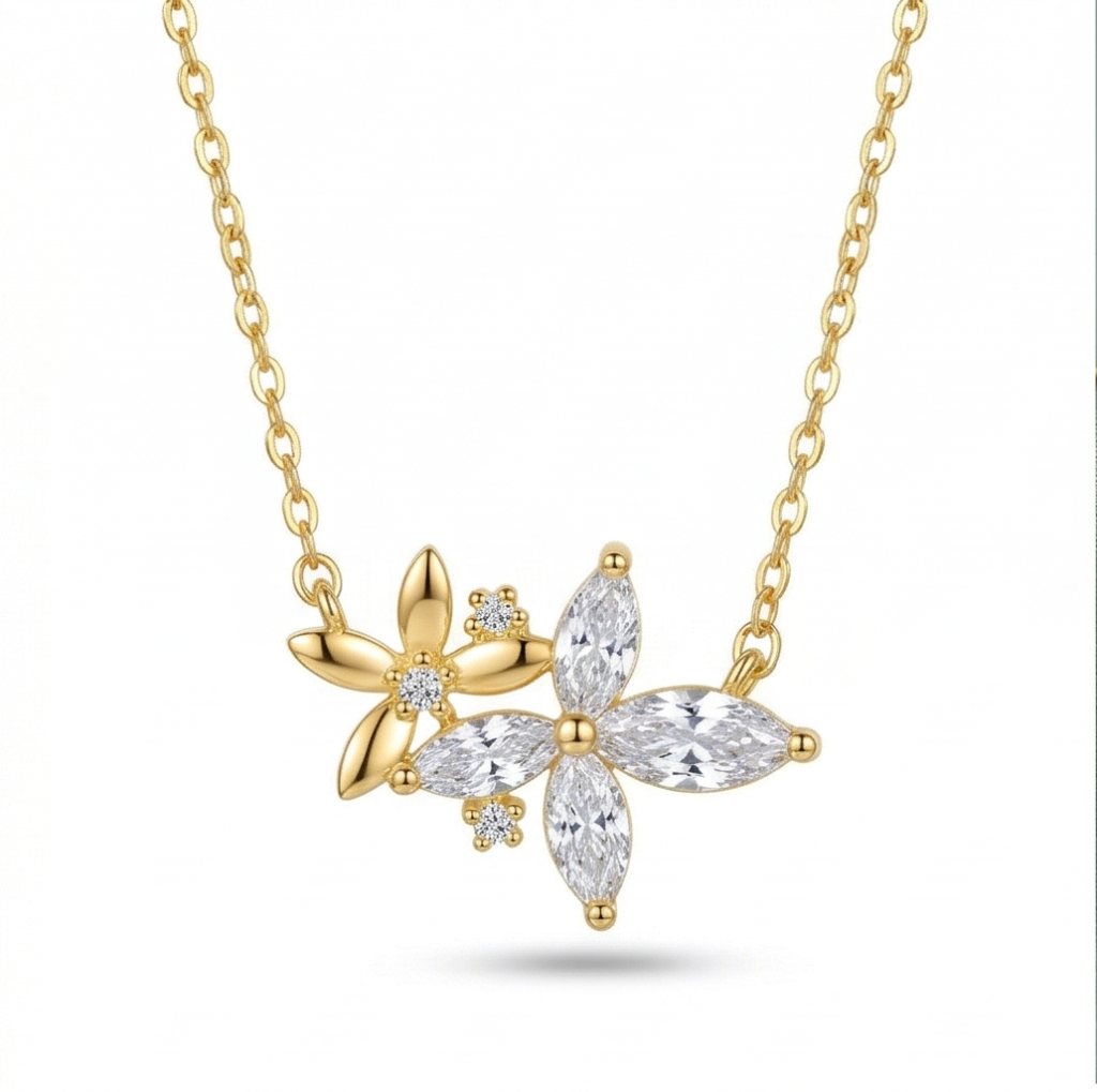 AGOR 925 Sterling Silver Gold Plated Floral Cluster Necklace Jewellery
