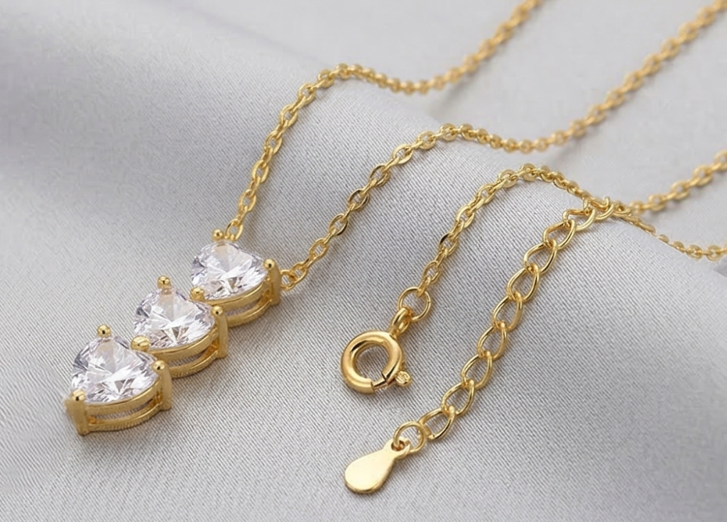 AGOR 925 Sterling Silver Gold Plated Triple Heart Drop Necklace Jewellery