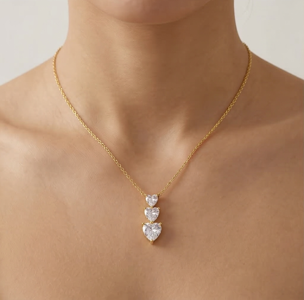 925 Sterling Silver Gold Plated Triple Heart Drop Necklace Jewellery