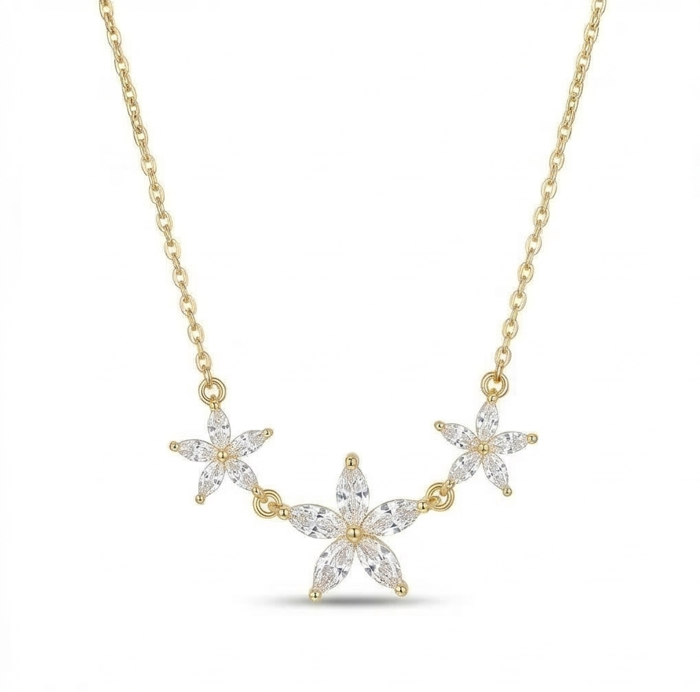 925 Sterling Silver Gold Plated Triple Floral Station Necklace Jewellery