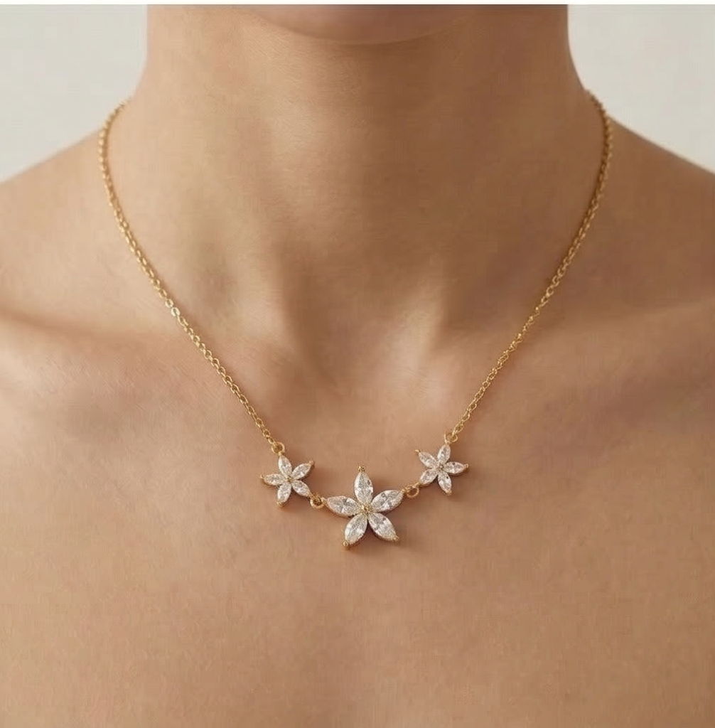 AGOR 925 Sterling Silver Gold Plated Triple Floral Station Necklace Jewellery