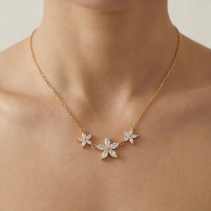 925 Sterling Silver Gold Plated Triple Floral Station Necklace Jewellery