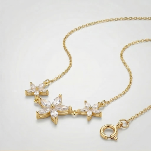 AGOR 925 Sterling Silver Gold Plated Triple Floral Station Necklace Jewellery