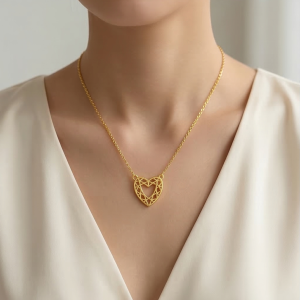 925 Sterling Silver Gold Plated Geometric Openwork Heart Necklace Jewellery for Women
