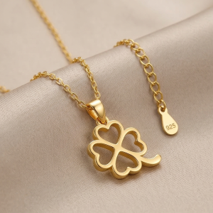 AGOR 925 Sterling Silver Gold Plated Four Leaf Clover Pendant Necklace Jewellery for Women