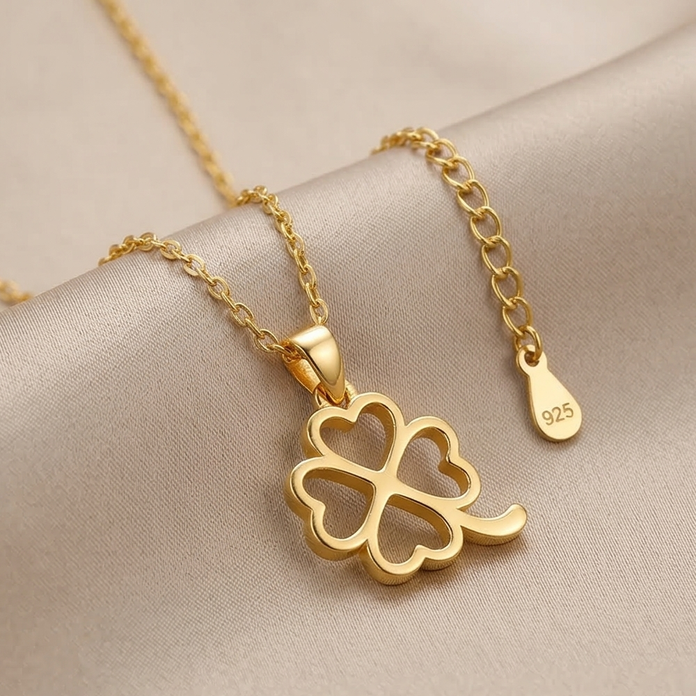 925 Sterling Silver Gold Plated Four Leaf Clover Pendant Necklace Jewellery for Women