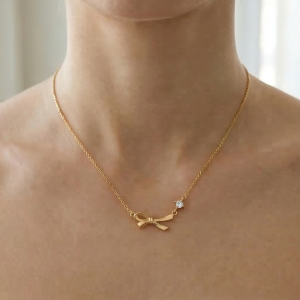 AGOR 925 Sterling Silver Ribbon Bow Pendant Necklace for Women, Yellow Gold Finish Minimalist Jewellery