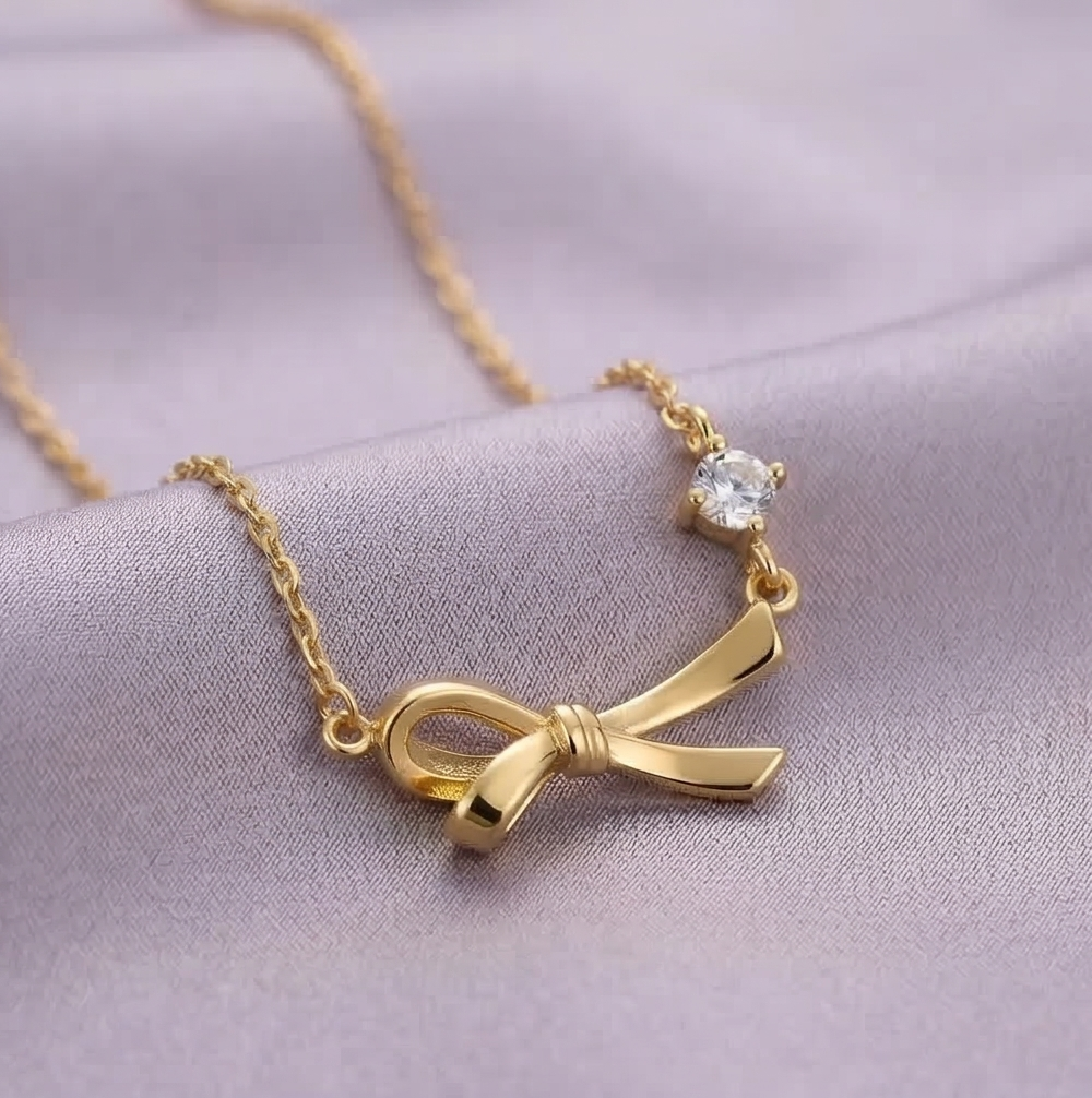 925 Sterling Silver Ribbon Bow Pendant Necklace for Women, Yellow Gold Finish Minimalist Jewellery