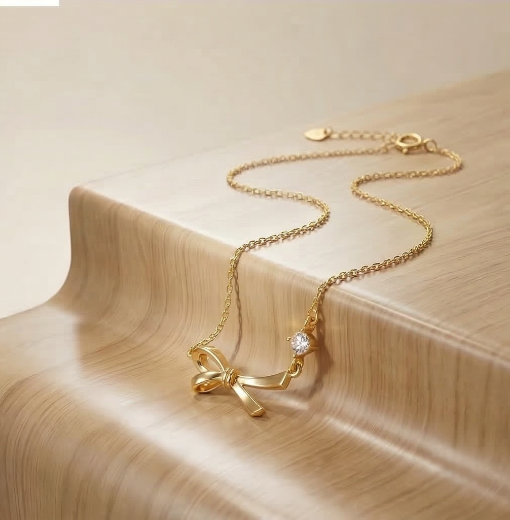 925 Sterling Silver Ribbon Bow Pendant Necklace for Women, Yellow Gold Finish Minimalist Jewellery