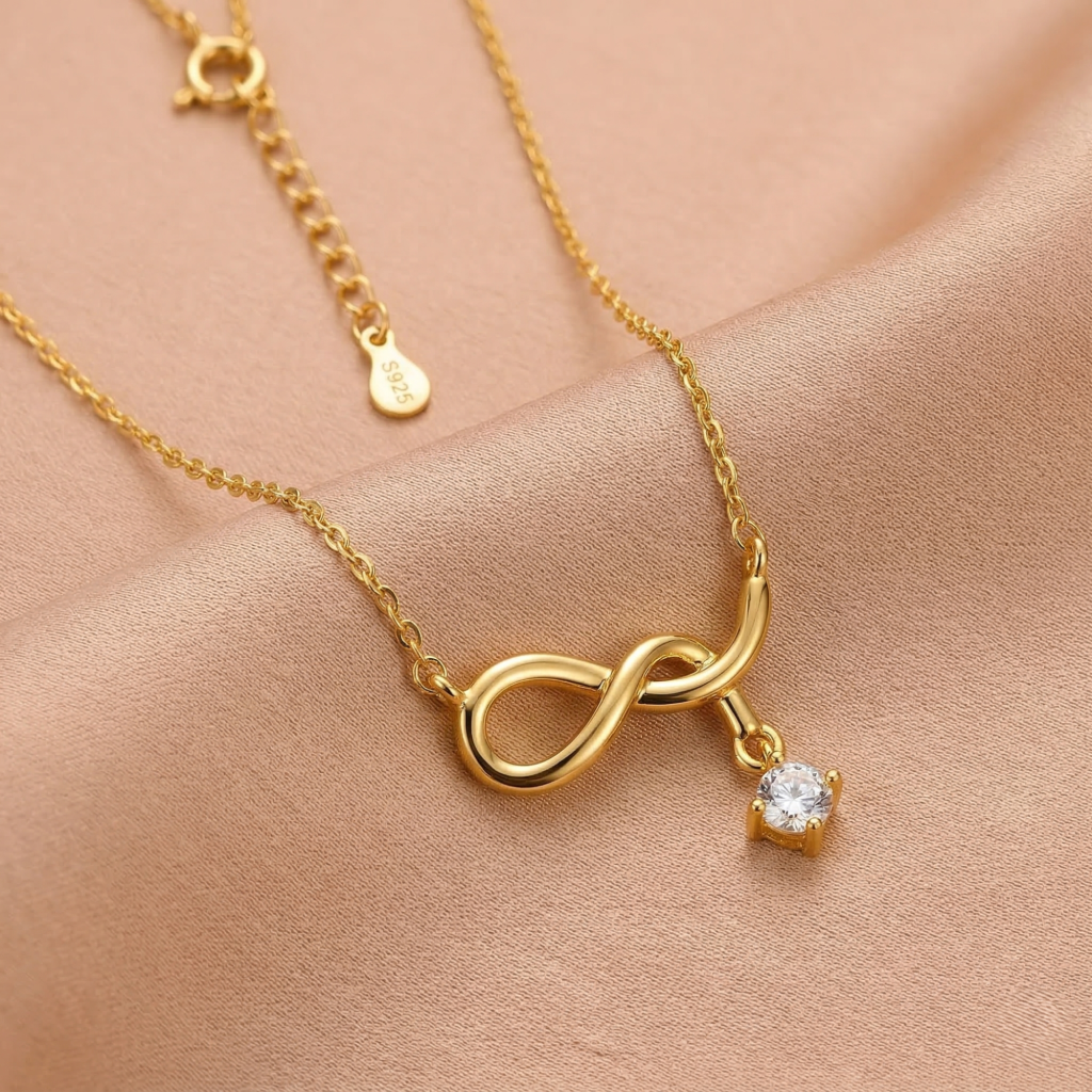 AGOR 925 Sterling Silver Infinity Drop Necklace for Women, Gold Finish Everyday Jewellery