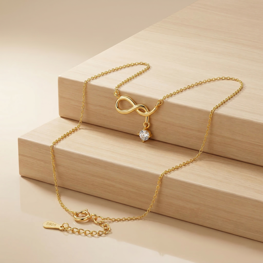 AGOR 925 Sterling Silver Infinity Drop Necklace for Women, Gold Finish Everyday Jewellery
