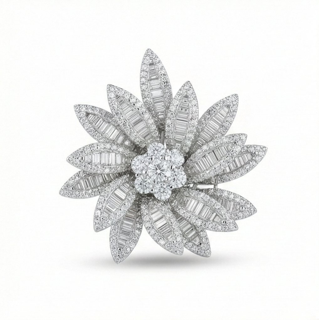 925 Sterling Silver Oversized Floral Statement Ring High Polish Rhodium Jewellery