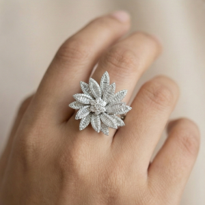 AGOR 925 Sterling Silver Oversized Floral Statement Ring High Polish Rhodium Jewellery