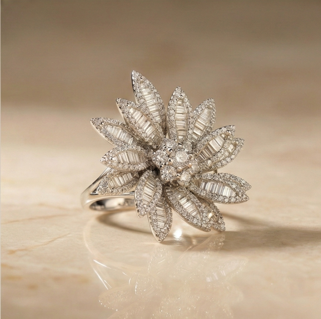 AGOR 925 Sterling Silver Oversized Floral Statement Ring High Polish Rhodium Jewellery