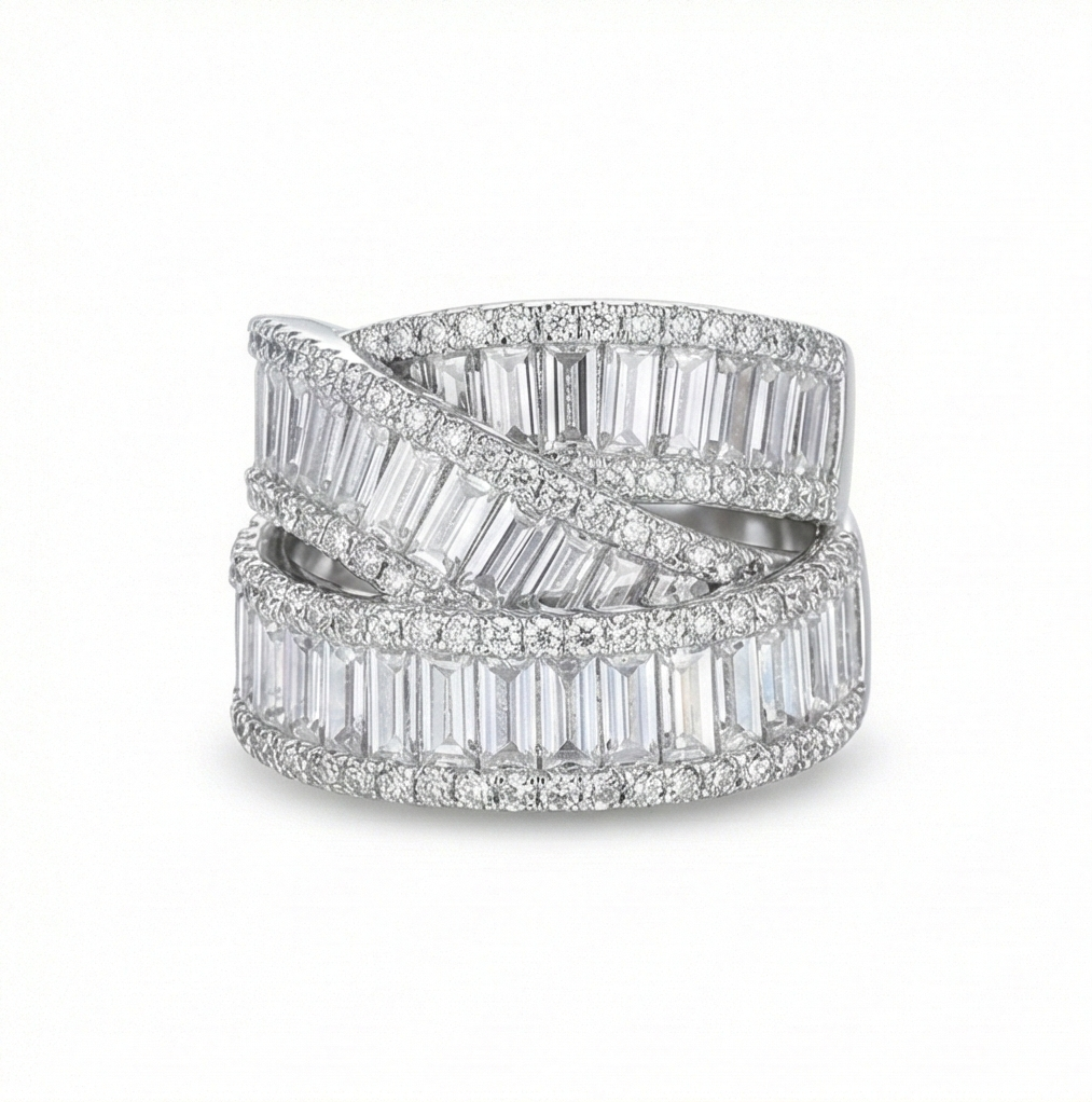 925 Sterling Silver Layered Criss-Cross Band Ring High Polish Rhodium Jewellery