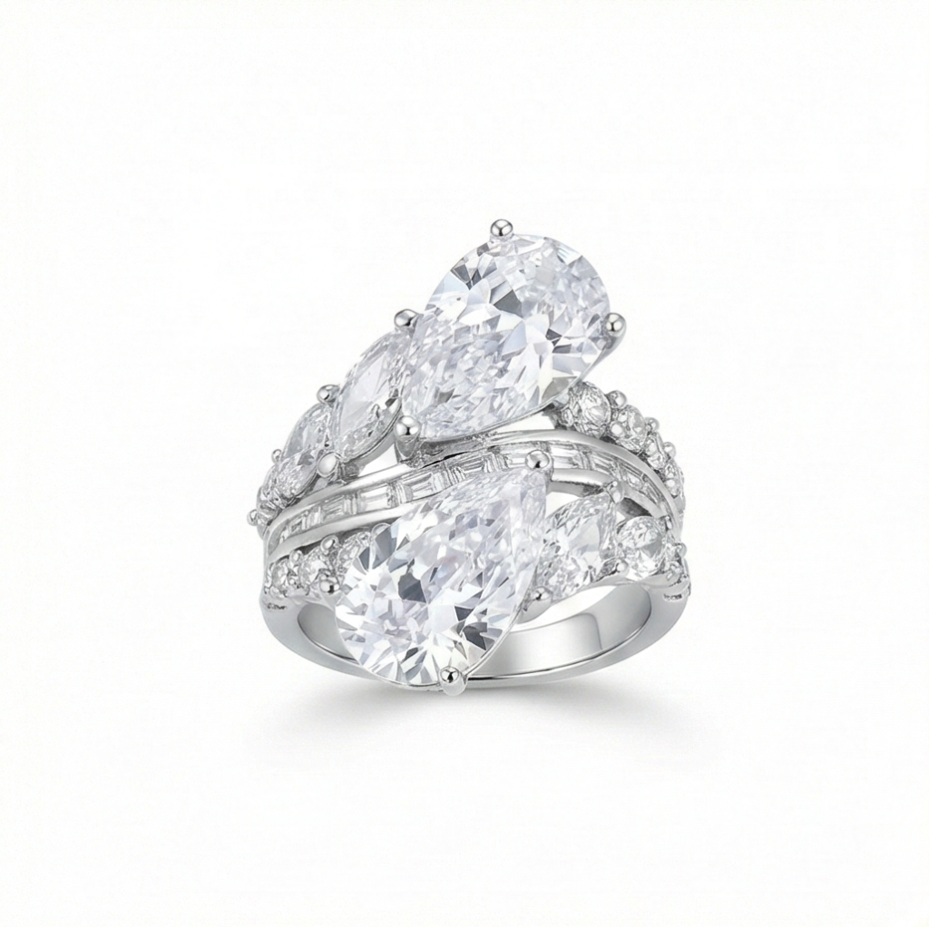 AGOR 925 Sterling Silver Dual Pear Bypass Ring High Polish Rhodium Jewellery