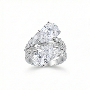 AGOR 925 Sterling Silver Dual Pear Bypass Ring High Polish Rhodium Jewellery