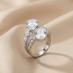 AGOR 925 Sterling Silver Dual Pear Bypass Ring High Polish Rhodium Jewellery