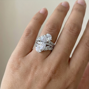 AGOR 925 Sterling Silver Dual Pear Bypass Ring High Polish Rhodium Jewellery
