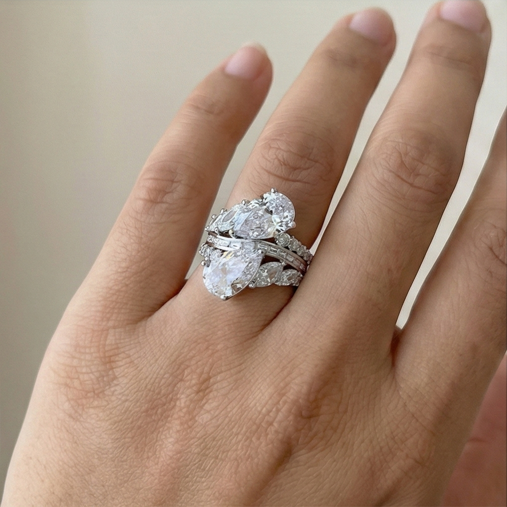 925 Sterling Silver Dual Pear Bypass Ring High Polish Rhodium Jewellery